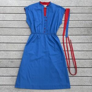 Vintage Sunshine Alley 80s Sleeveless Blue Red Dress Sz M 14 Obi Belt POCKETS